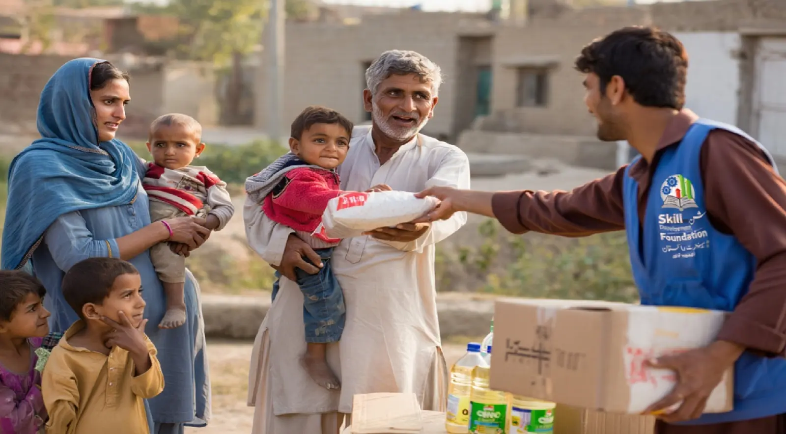 Graphic illustration of food and ration distribution for needy families under zakat program in Pakistan