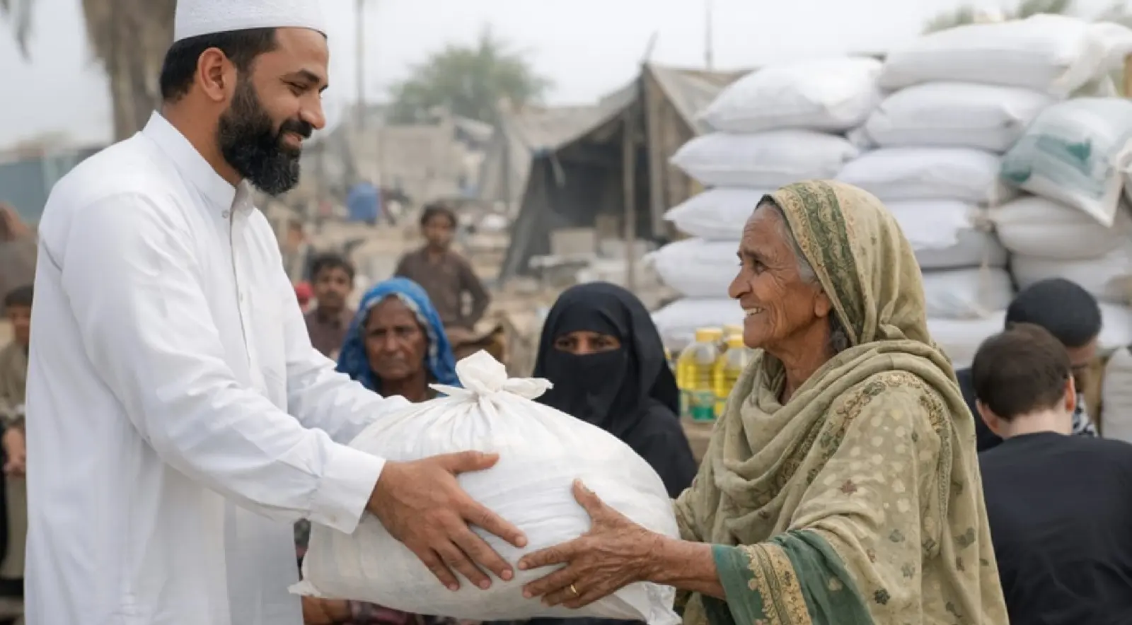 Illustration of zakat distribution helping poor families with financial support in Pakistan