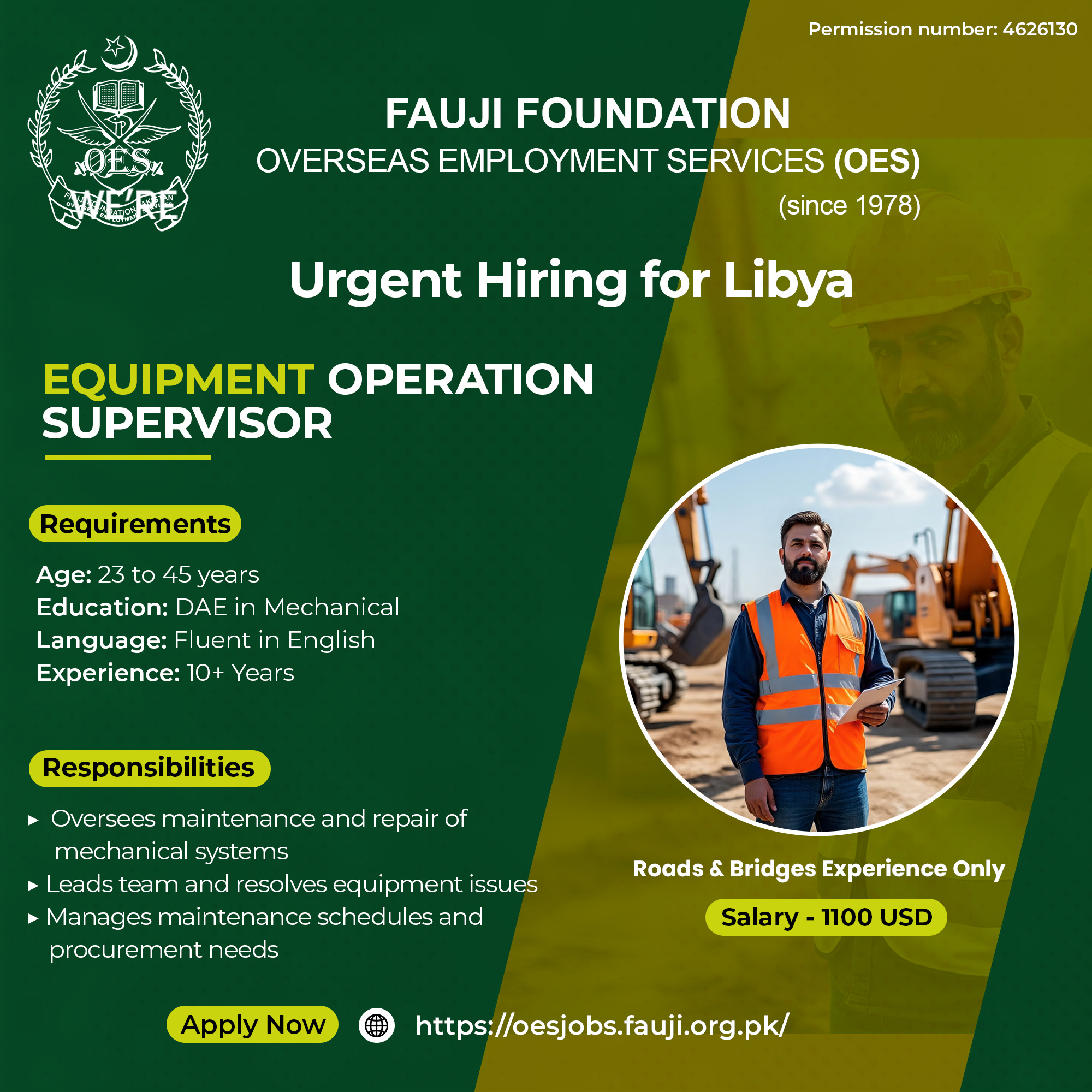 job vacancy of equipment operation supervisor in libya by fauji foundation pakistan, partner of skill development foundation