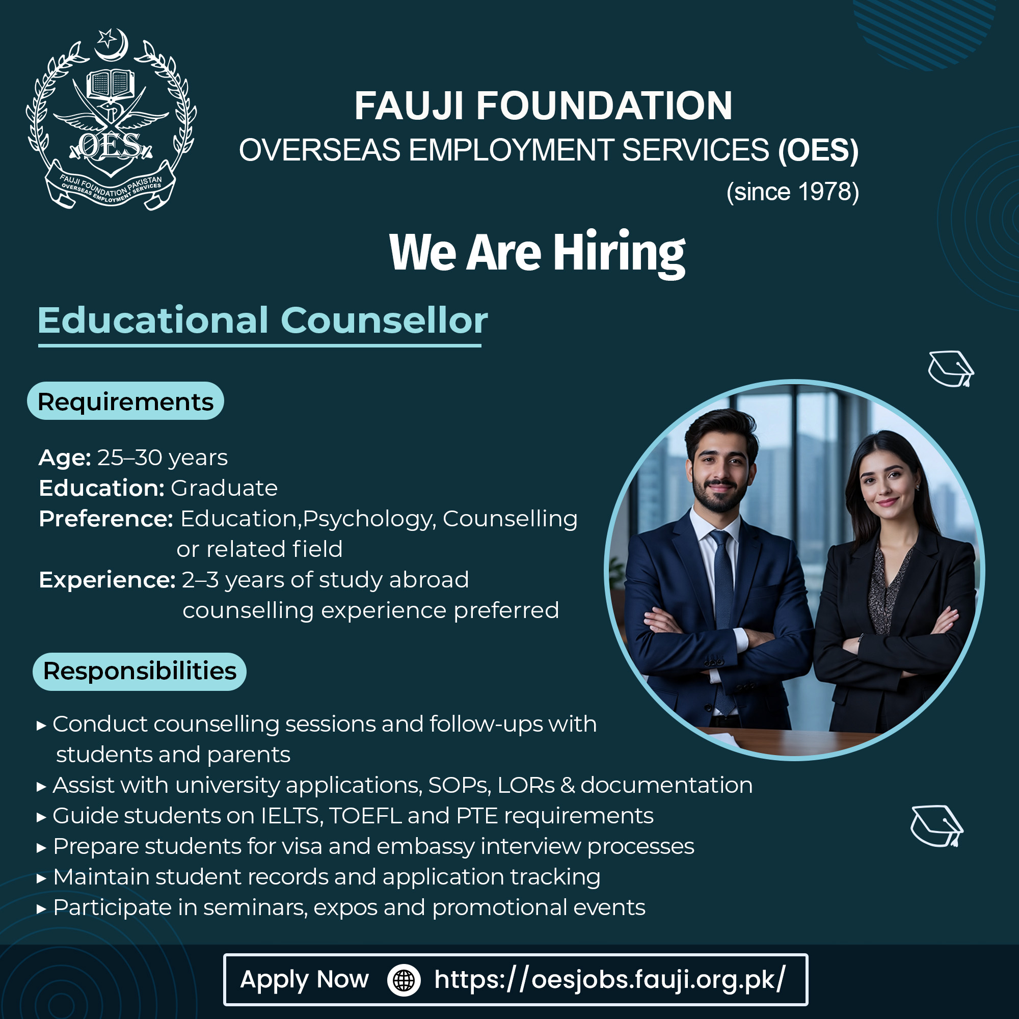 job vacancy of education counsellor by fauji foundation pakistan, partner of skill development foundation